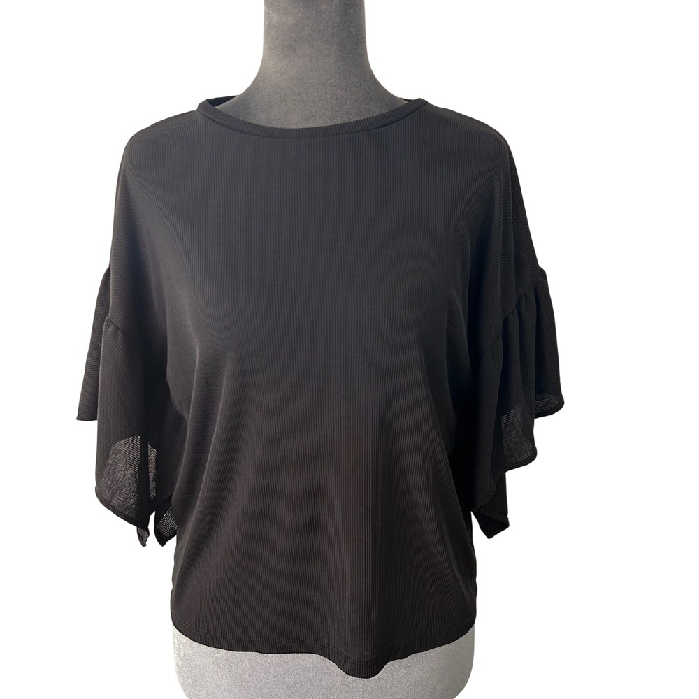 Zara Woman Basic Black Ribbed Ruffle Flutter Sleeve Top Small - Picture 2 of 10